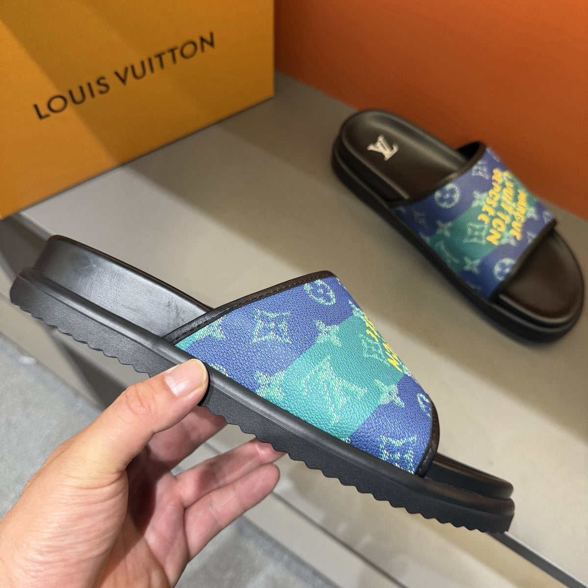 Louis Vuitton Blue Green Patterned Slide Sandals