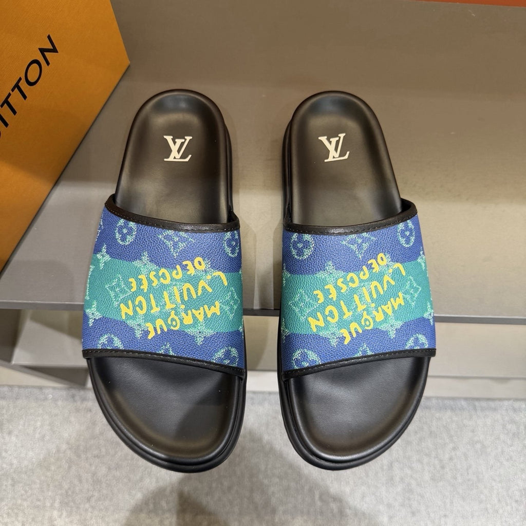 Louis Vuitton Blue Green Patterned Slide Sandals