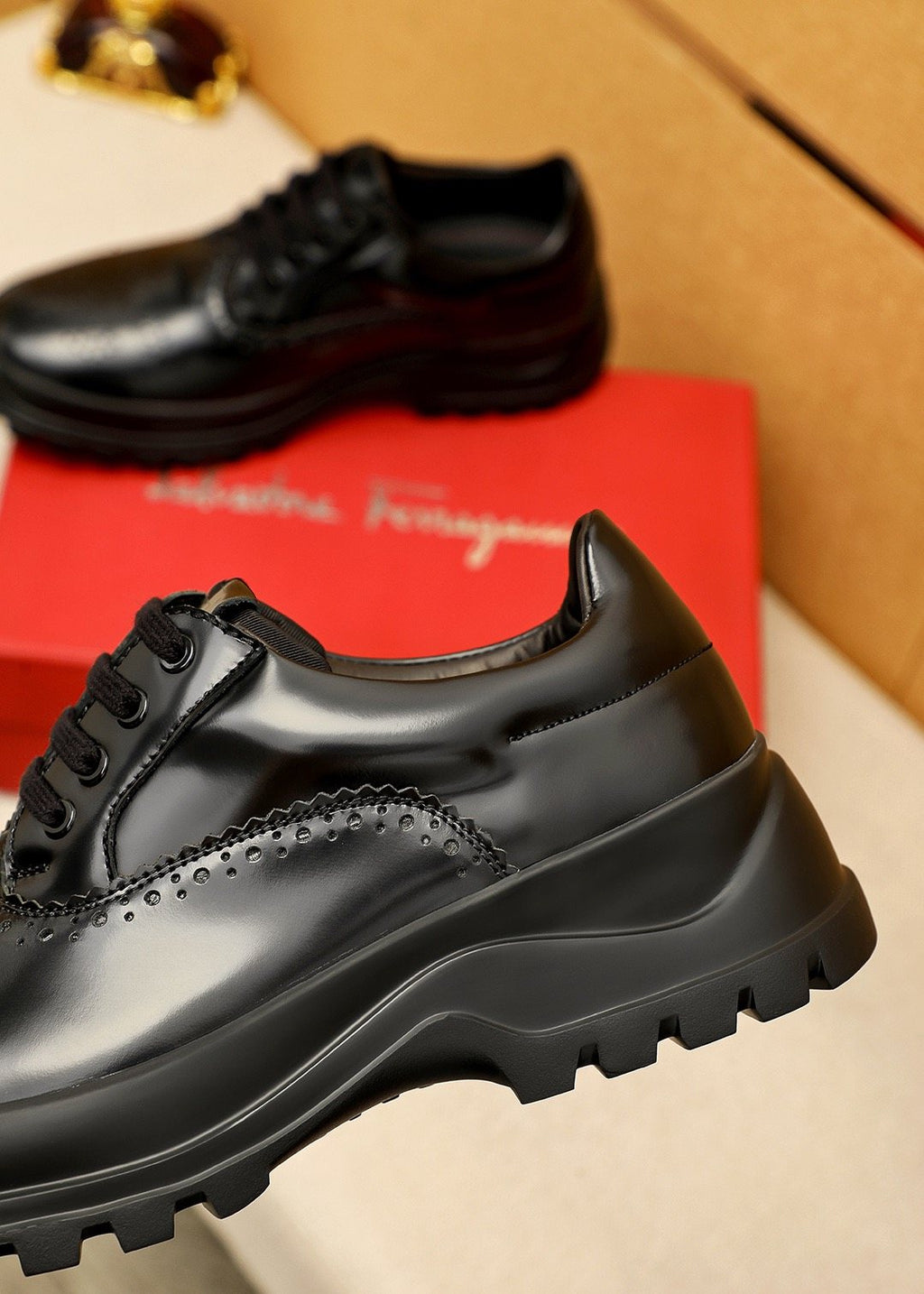 Ferragamo Black Perforated Lace-Up Shoes - Lug Sole