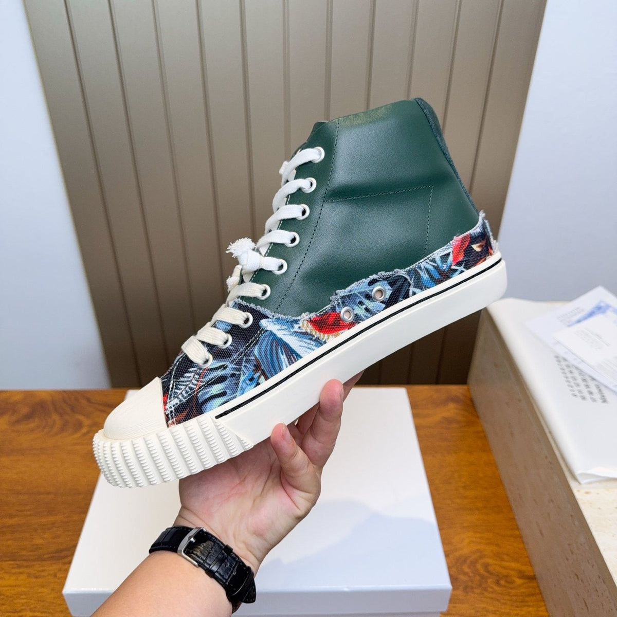 Maison Margiela Dark Green Floral High-Top Sneakers