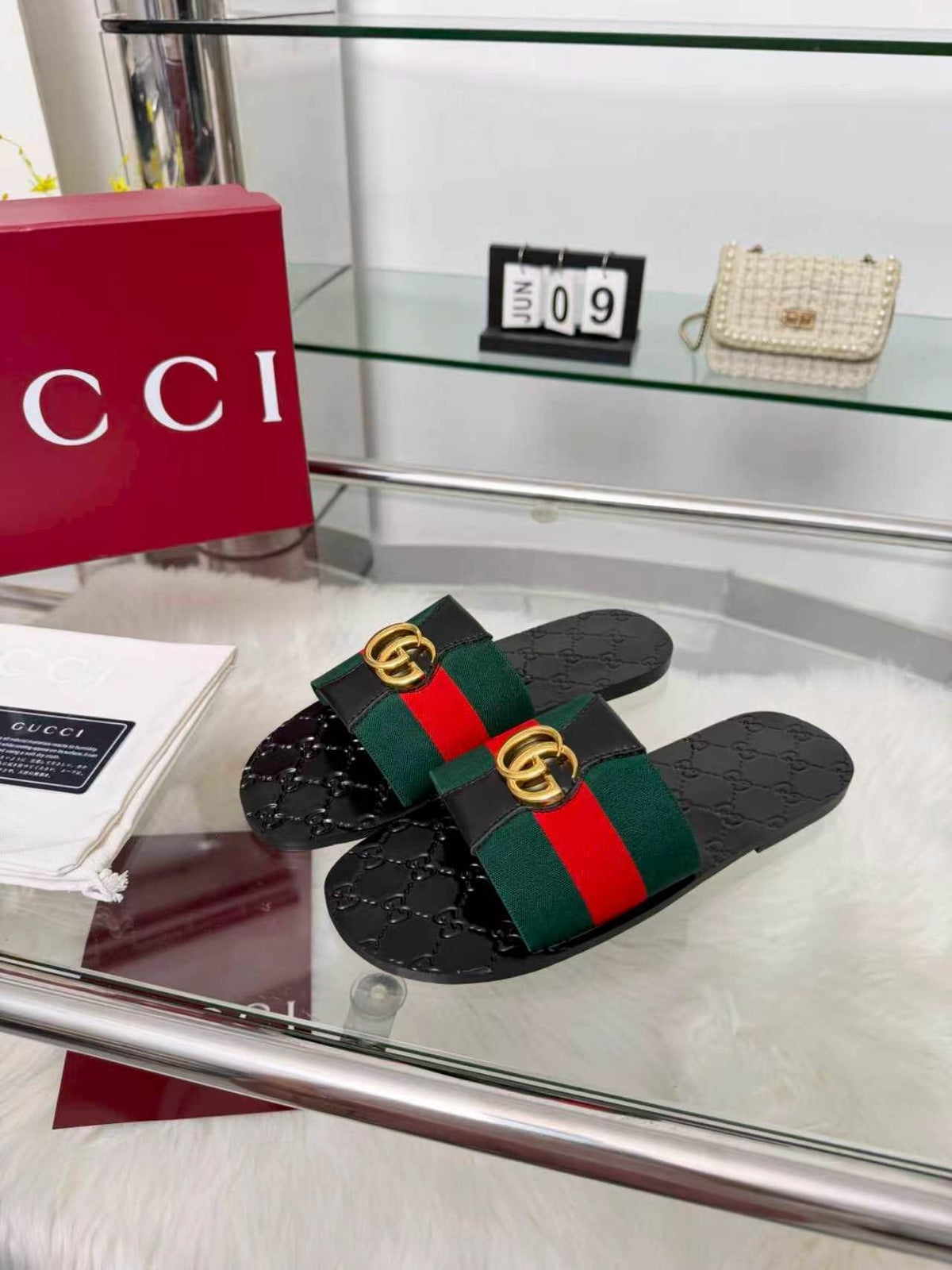 Gucci Black Striped Strap Slide Sandals