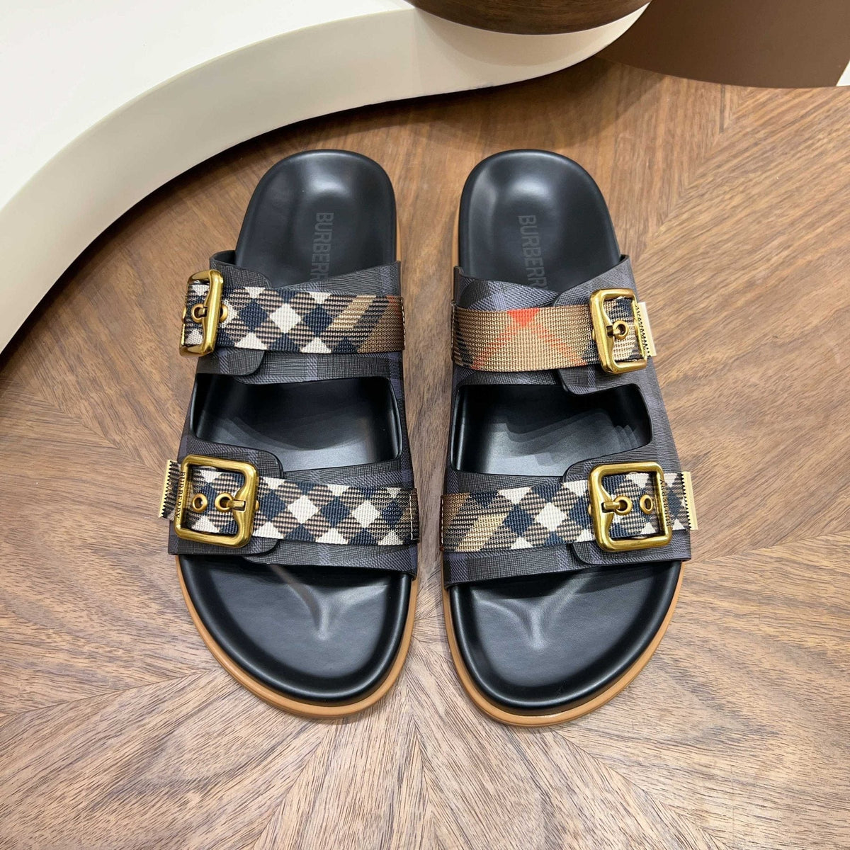 Burberry Check Cross-Strap Slide Sandals - Contoured Footbed