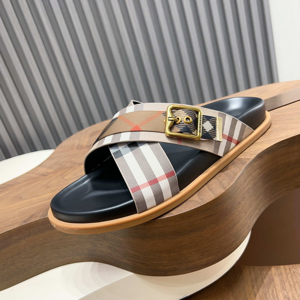 Burberry Check Cross-Strap Slide Sandals - Contoured Footbed