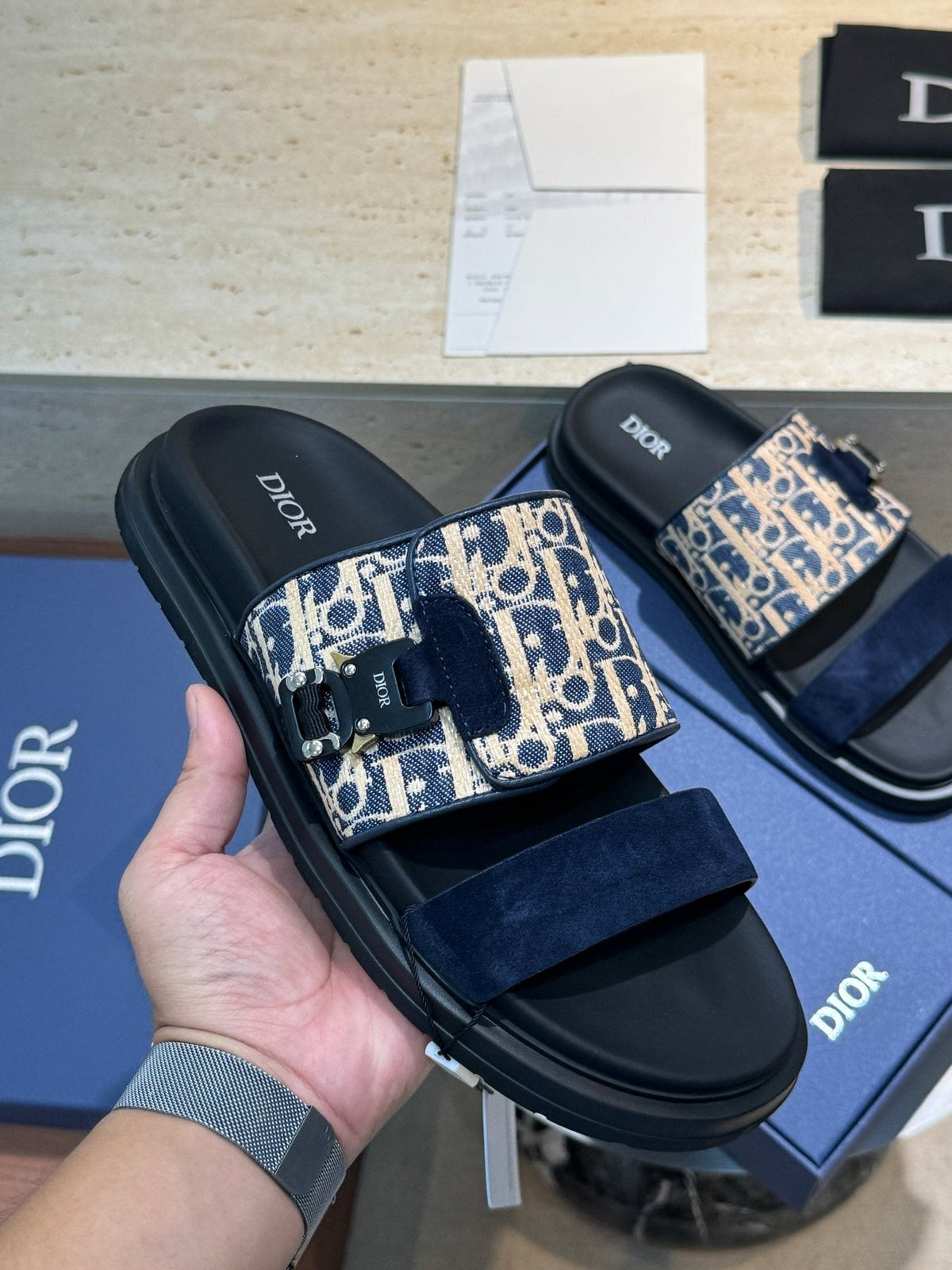 Dior Men's Aqua Monogram Slide Sandals