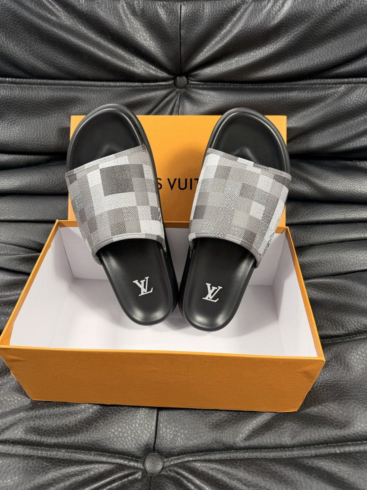 Louis Vuitton Slate Blue Checkered Slide Sandals