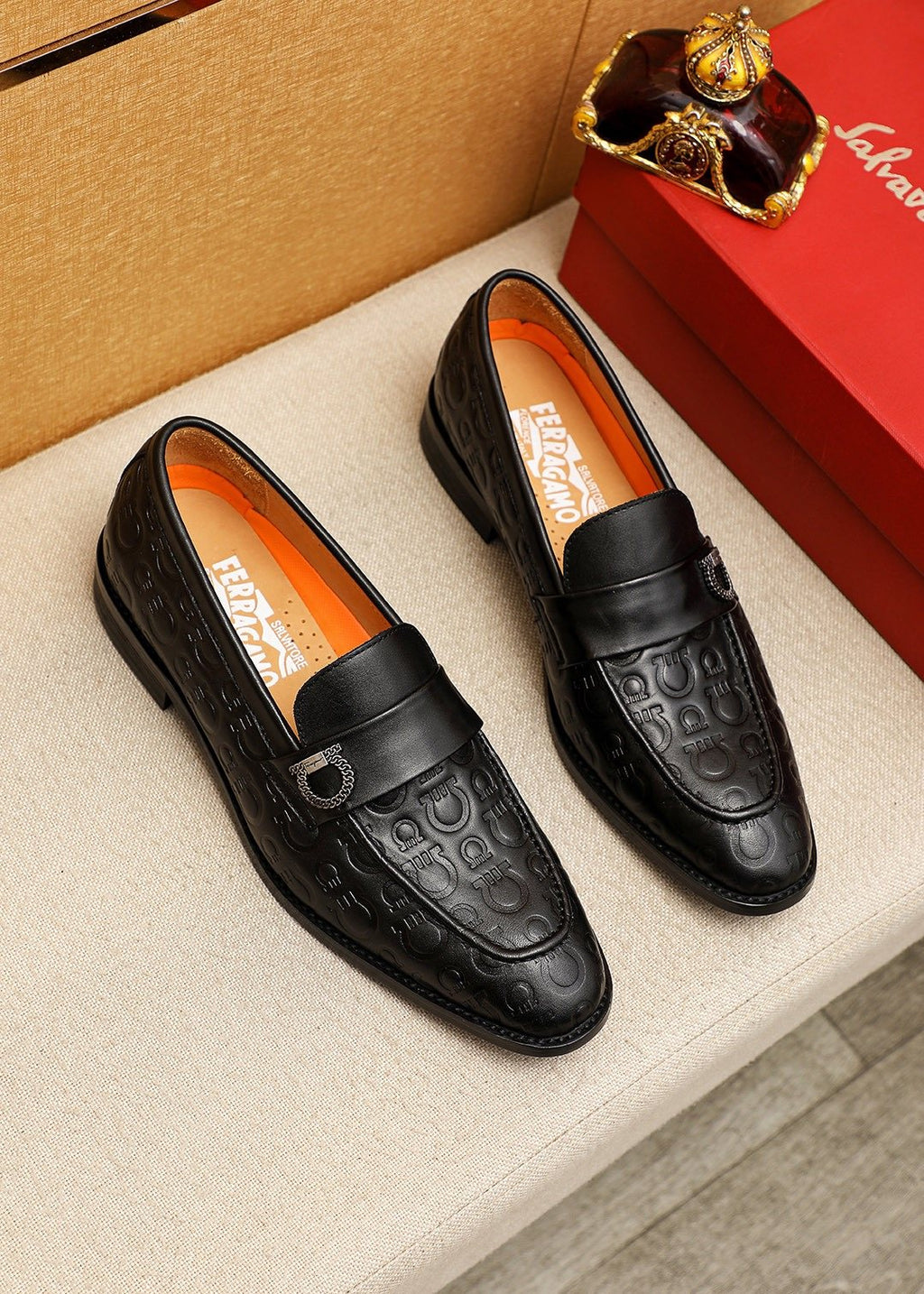 Ferragamo Men's Embossed Buckle Loafers