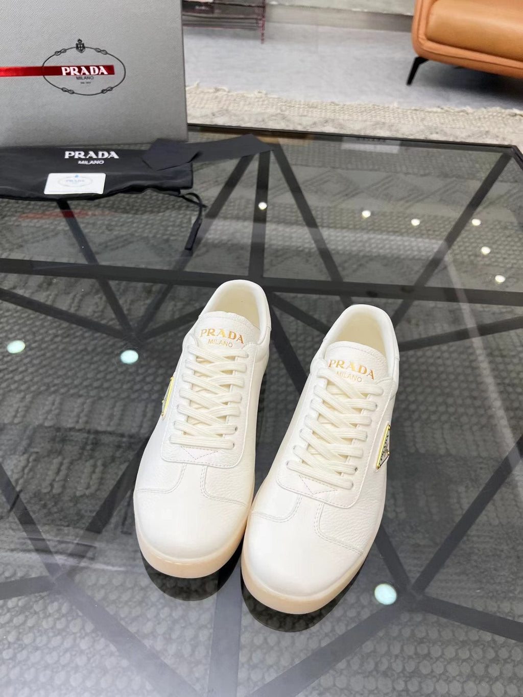 Prada Men's Gold Accent Low-Top Sneakers