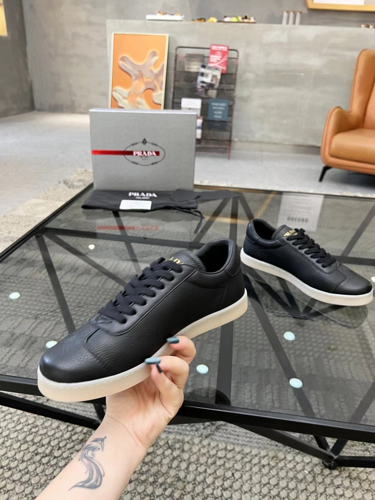 Prada Men's Gold Accent Low-Top Sneakers