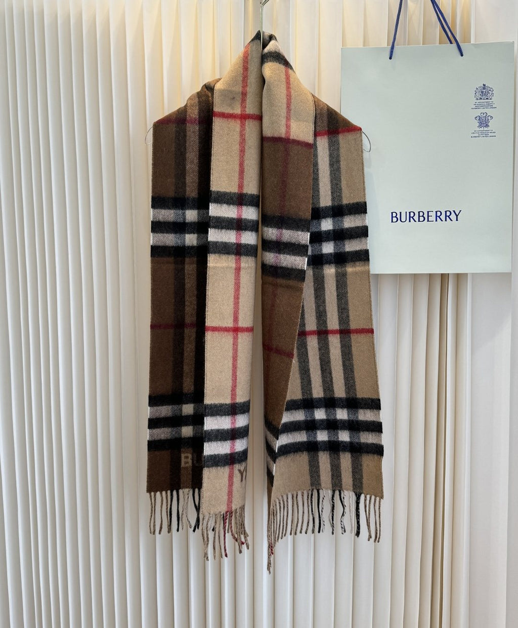 Burberry Tan Brown Plaid Fringe Scarf